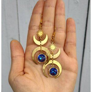 Gold Moon Phase Earrings Celestial Dangle Earrings with Sun Charm and Blue